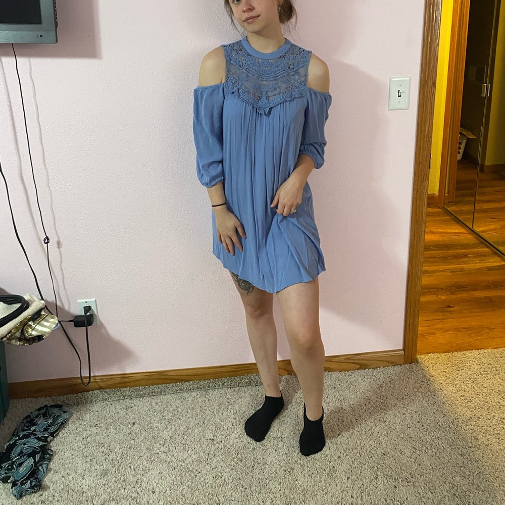 As You Wish Slate Blue Textured High Neck Embroidered Cold Shoulder Dress Size M